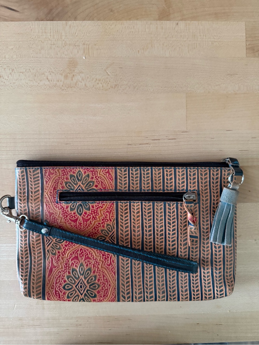 Cost Plus World Market Coral and Tan Patterned Wristlet with Tassel